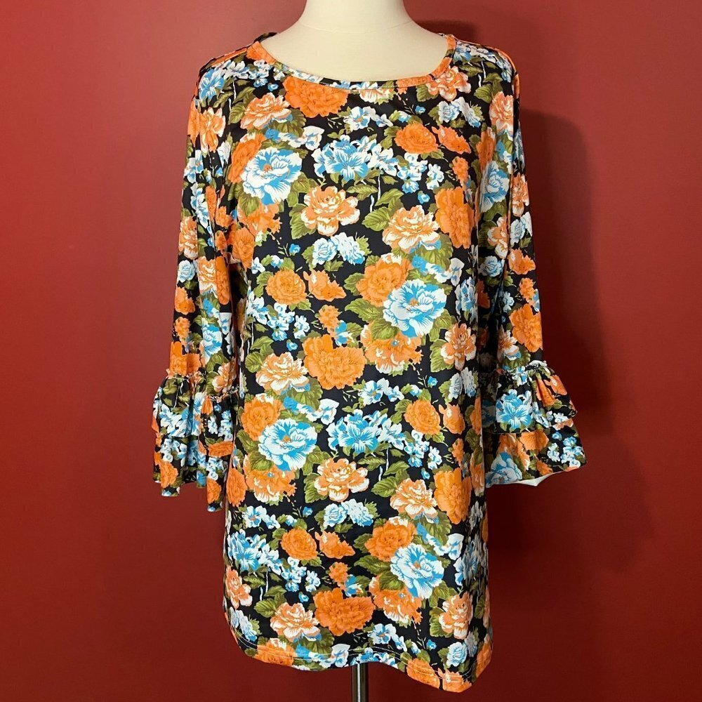Dainty Jewells Women's Flounce Sleeve Black Floral Stretch Top - Size XL